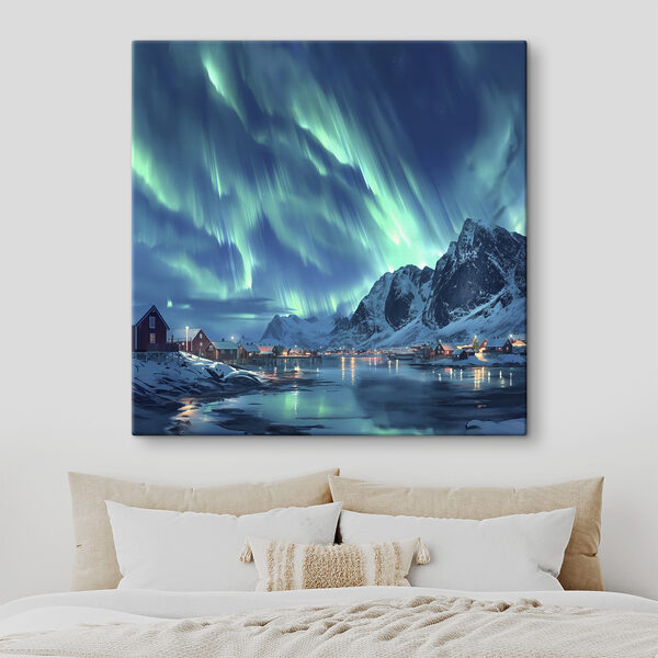 Aurora boreală deasupra unui munte înzăpezit Tablouri Aurora boreală deasupra unui munte înzăpezit