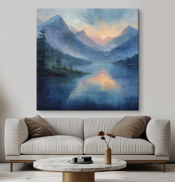 Pictura unui lac cu munți și copaci Tablouri Pictura unui lac cu munți și copaci