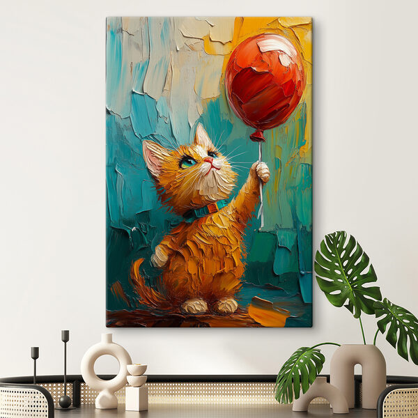Pictura unei pisici care ține un balon Tablouri Pictura unei pisici care ține un balon