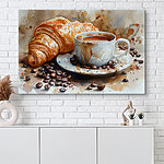 Tablouri Acuarelă de o ceașcă de cafea și un croissant