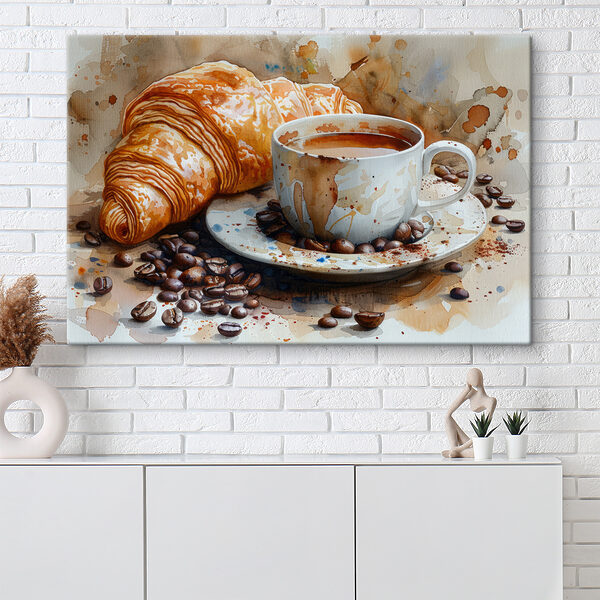 Acuarelă de o ceașcă de cafea și un croissant Tablouri Acuarelă de o ceașcă de cafea și un croissant