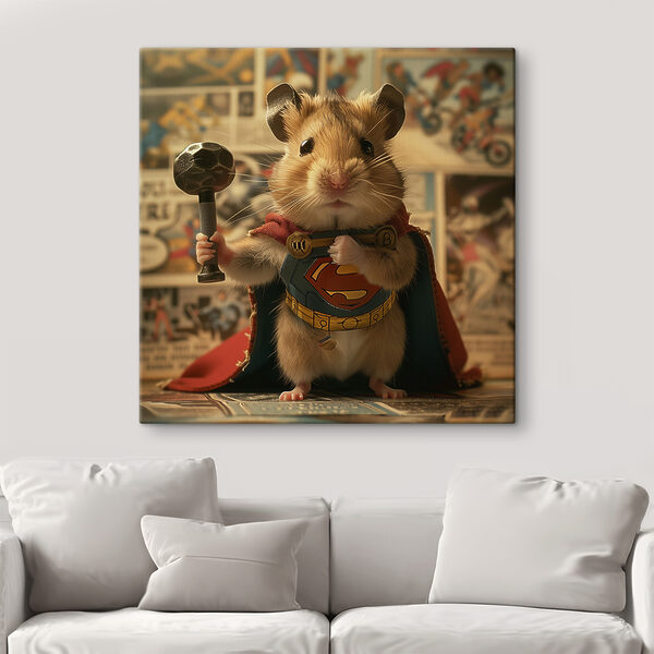 Hamster purtând o pelerină și ținând un ciocan Tablouri Hamster purtând o pelerină și ținând un ciocan