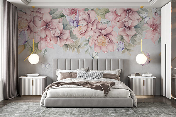 Fluturii se odihnesc printre florile luxuriante Fototapet Fluturii se odihnesc printre florile luxuriante