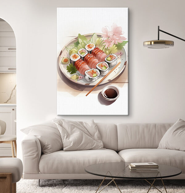Farfurie de sushi cu sos și flori Tablouri Farfurie de sushi cu sos și flori