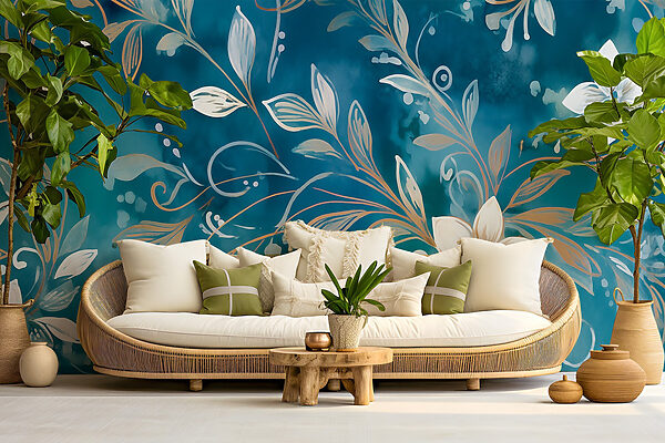 Design floral senin pe fundal albastru Fototapet Design floral senin pe fundal albastru