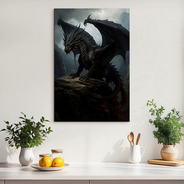 Dragon negru pe o stâncă Tablouri Dragon negru pe o stâncă