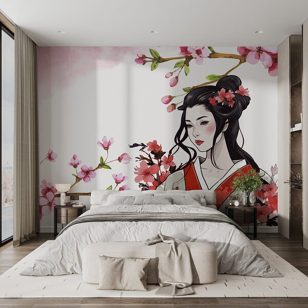Femeie într-un kimono cu flori Fototapet Femeie într-un kimono cu flori