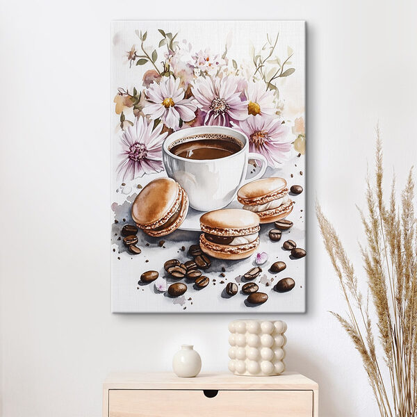 Pictura acuarelă de o ceașcă de cafea și cookie-uri Tablouri Pictura acuarelă de o ceașcă de cafea și cookie-uri