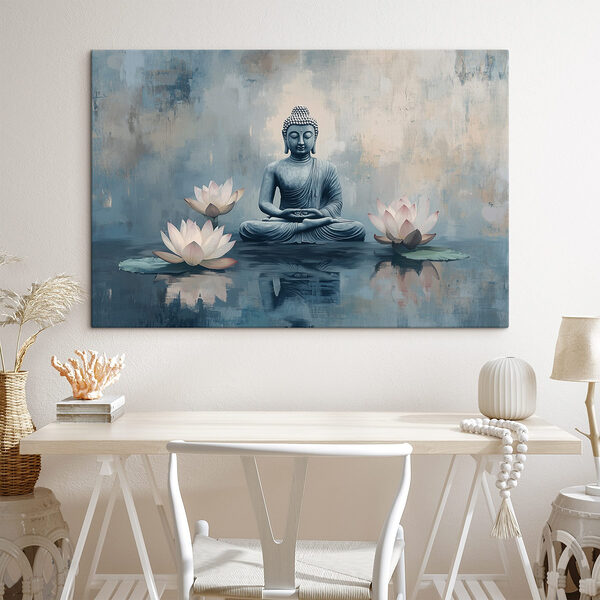 Statuie a unui buddha stând în poziția lotus înconjurat de apă Tablouri Statuie a unui buddha stând în poziția lotus înconjurat de apă