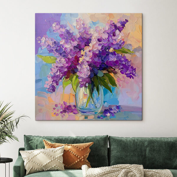 Pictura de flori violet într-o vază de sticlă Tablouri Pictura de flori violet într-o vază de sticlă