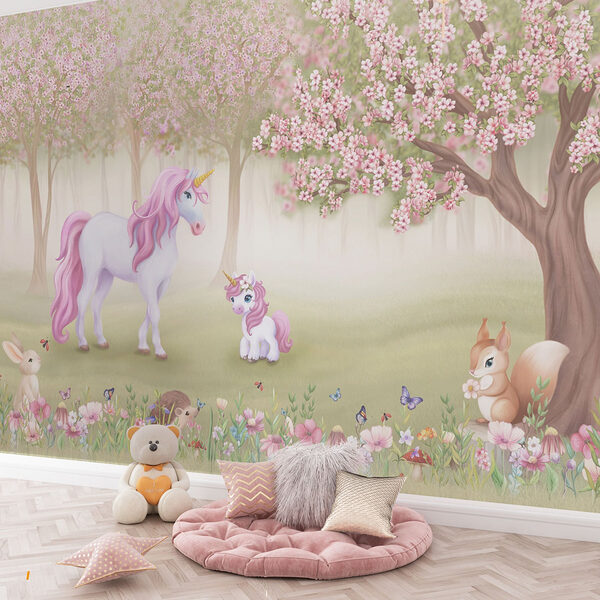 Unicorn și o veveriță într-o pădure Fototapet Unicorn și o veveriță într-o pădure