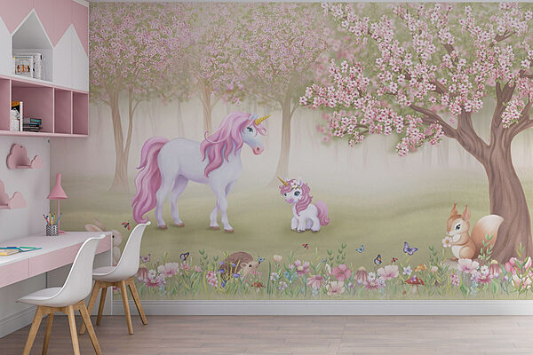 Unicorn și o veveriță într-o pădure Fototapet Unicorn și o veveriță într-o pădure