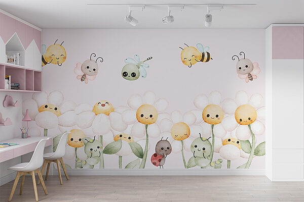 Grup de insecte de desene animate și flori Fototapet Grup de insecte de desene animate și flori