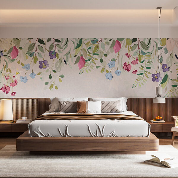 Bordei floral cu flori și frunze Fototapet Bordei floral cu flori și frunze