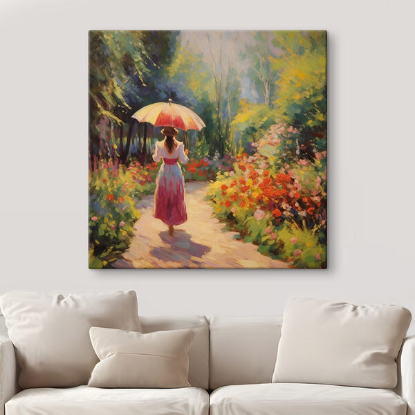 Femeie care merge pe o cărare cu o umbrelă mare Tablouri Femeie care merge pe o cărare cu o umbrelă mare