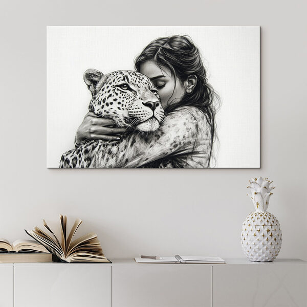Desenul unei femei care îmbrățișează un leopard Tablouri Desenul unei femei care îmbrățișează un leopard
