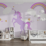 Fototapet Unicorn violet cu stele și curcubee