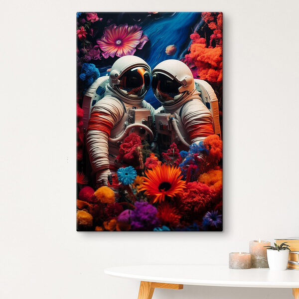 Doi astronauți în costume spațiale și flori Tablouri Doi astronauți în costume spațiale și flori