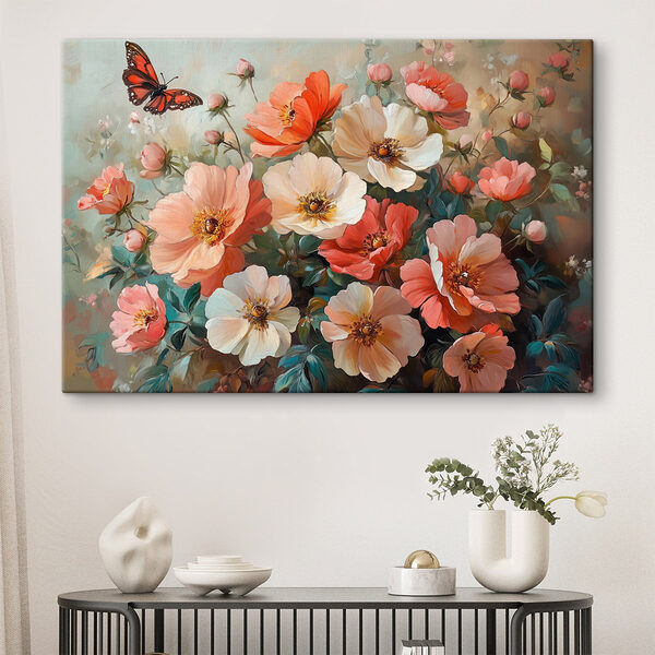 Fluture zburând peste un buchet de flori Tablouri Fluture zburând peste un buchet de flori