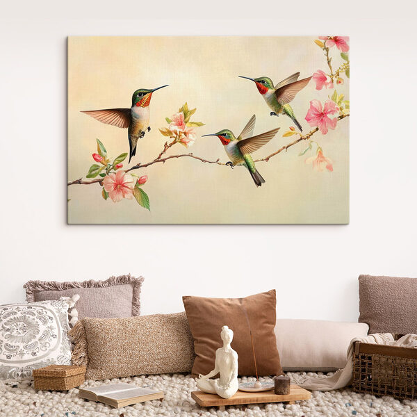 Grup de păsări colibri pe o ramură cu flori Tablouri Grup de păsări colibri pe o ramură cu flori