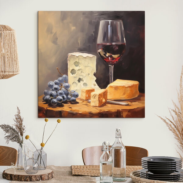 Pahar de vin și brânză pe o masă Tablouri Pahar de vin și brânză pe o masă
