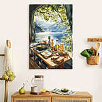Tablouri Masă cu mâncare și băuturi pe ea lângă un lac