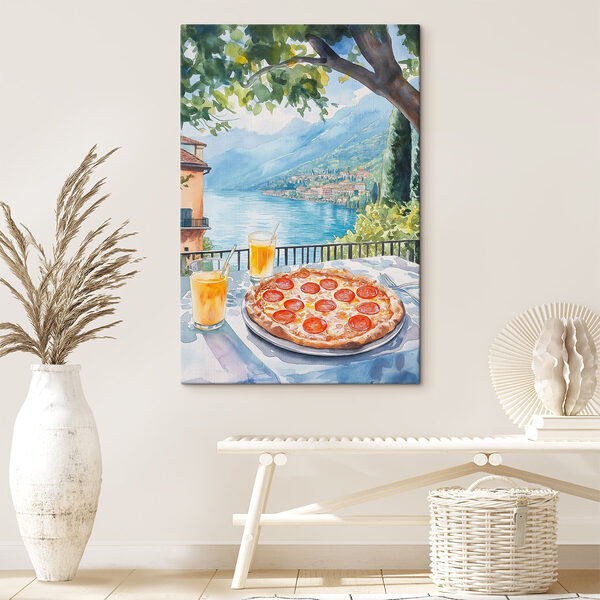 Pictura acuarelă a unei pizza și băuturi pe o masă Tablouri Pictura acuarelă a unei pizza și băuturi pe o masă