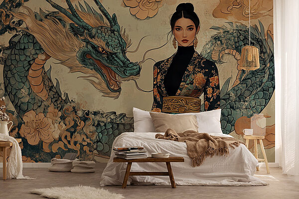 Femeie într-un kimono și un dragon Fototapet Femeie într-un kimono și un dragon