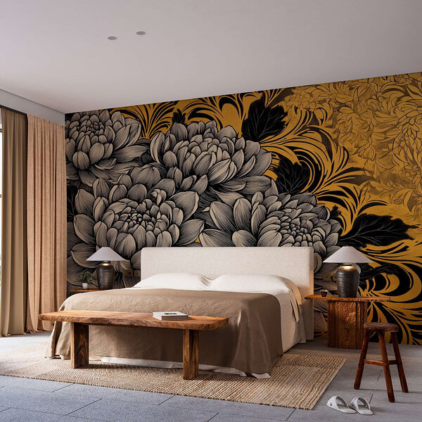 Design floral rafinat în negru și crem Fototapet Design floral rafinat în negru și crem