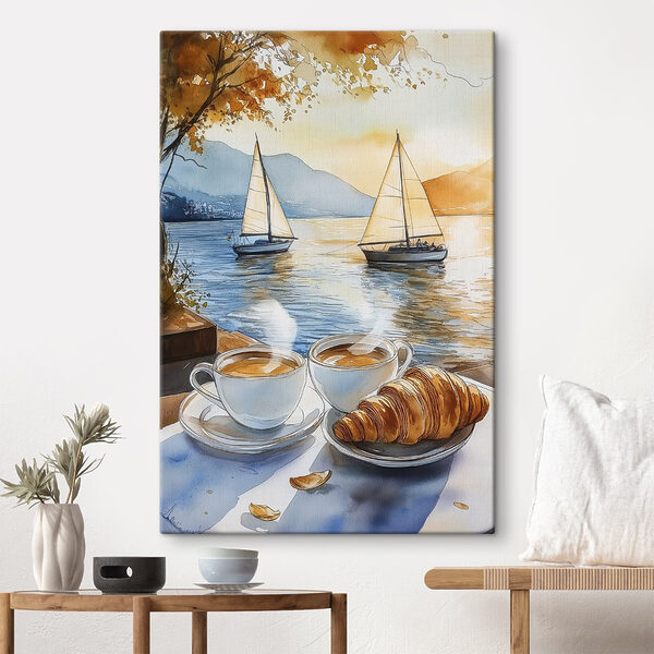 Acuarelă de două cești de cafea și un croissant pe o masă Tablouri Acuarelă de două cești de cafea și un croissant pe o masă
