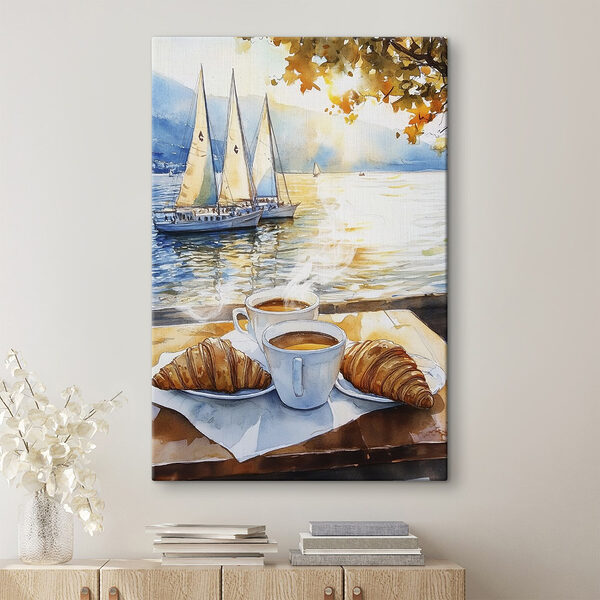 Pictura acuarelă a unei mese cu cafea și croissante Tablouri Pictura acuarelă a unei mese cu cafea și croissante