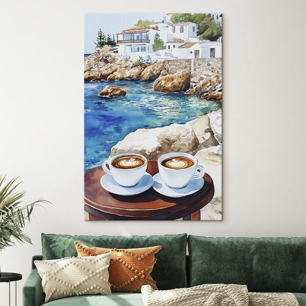 Două cești de cafea pe o masă lângă un corp de apă Tablouri Două cești de cafea pe o masă lângă un corp de apă