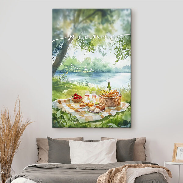 Pictura acuarelă a unui picnic cu mâncare și vin pe o pătură lângă un lac Tablouri Pictura acuarelă a unui picnic cu mâncare și vin pe o pătură lângă un lac