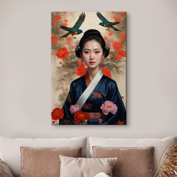 Femeie într-un kimono cu flori și păsări Tablouri Femeie într-un kimono cu flori și păsări