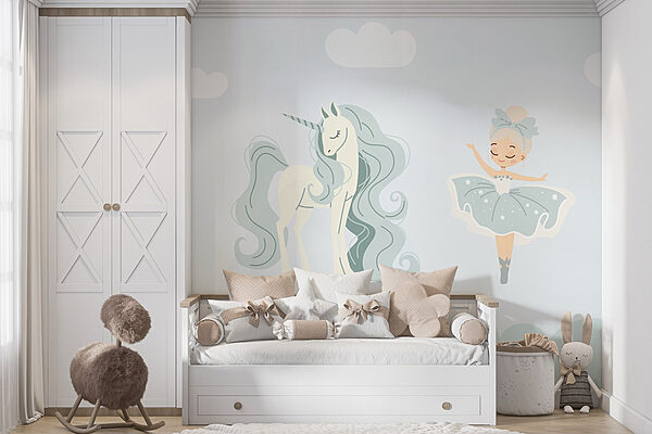 Desen animat de o fată și un unicorn Fototapet Desen animat de o fată și un unicorn