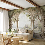 Fototapet Pictura acuarelă a unei arcade de piatră cu copaci și un lac