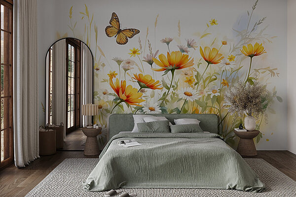 Fluture zburând peste flori Fototapet Fluture zburând peste flori