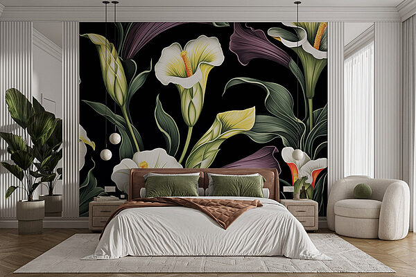 Desene florale vibrante pe fundal închis Fototapet Desene florale vibrante pe fundal închis