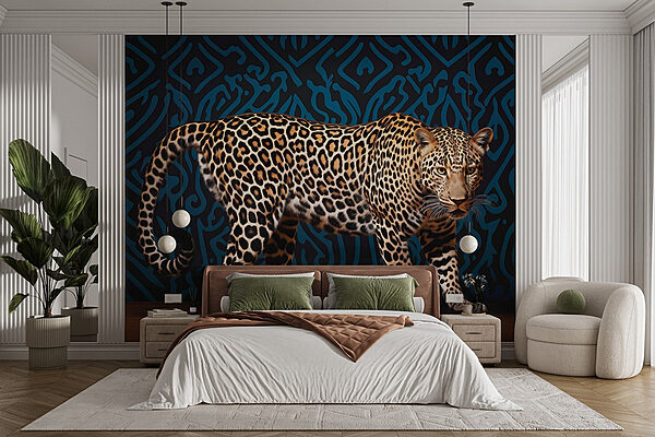 Leopard în picioare pe o podea de lemn Fototapet Leopard în picioare pe o podea de lemn