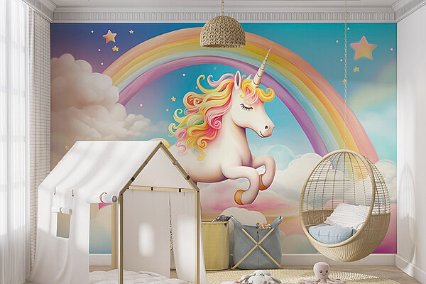 Unicorn cu curcubeu și nori Fototapet Unicorn cu curcubeu și nori