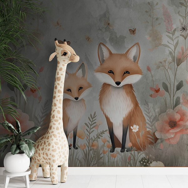 Fototapet Două vulpi pe un câmp de flori