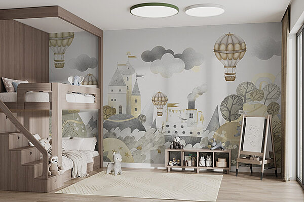 Fototapet Pictură în acuarelă a unui castel și baloane cu aer cald