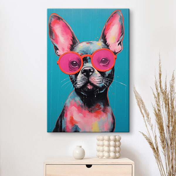 Pictura unui câine care poartă ochelari de soare roz Tablouri Pictura unui câine care poartă ochelari de soare roz