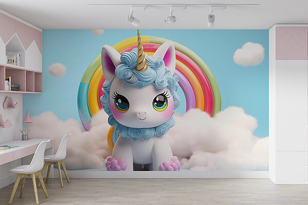 Jucărie unicorn cu un curcubeu în fundal Fototapet Jucărie unicorn cu un curcubeu în fundal