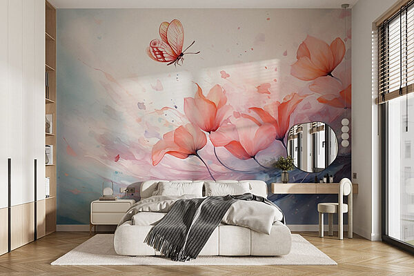 Fluture zburând peste flori Fototapet Fluture zburând peste flori