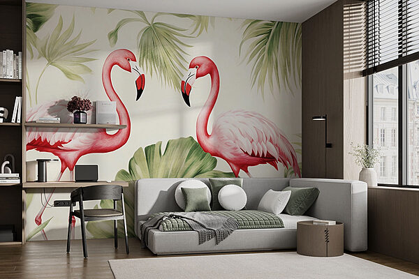 Cuplu de flamingo roz cu frunze verzi Fototapet Cuplu de flamingo roz cu frunze verzi