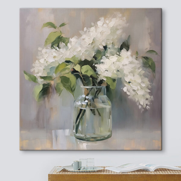 Pictură a unui buchet de flori albe într-un borcan de sticlă Tablouri Pictură a unui buchet de flori albe într-un borcan de sticlă