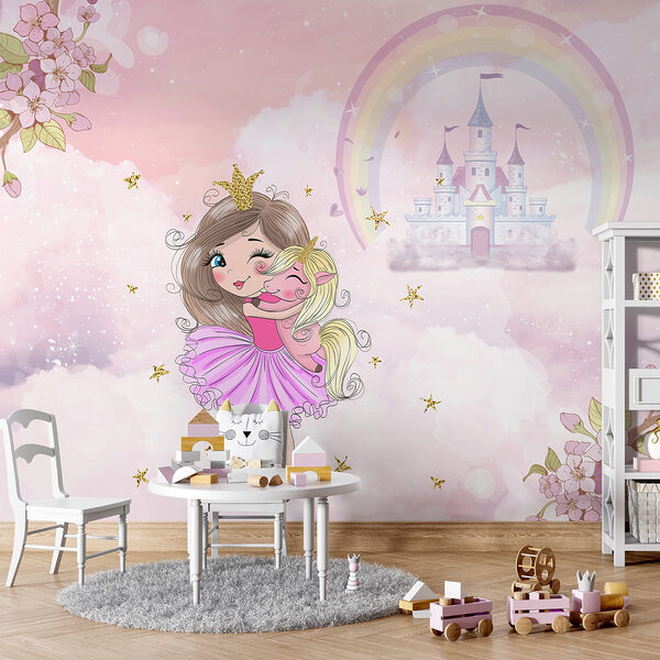 Desen animat al unei fete care îmbrățișează un unicorn Fototapet Desen animat al unei fete care îmbrățișează un unicorn
