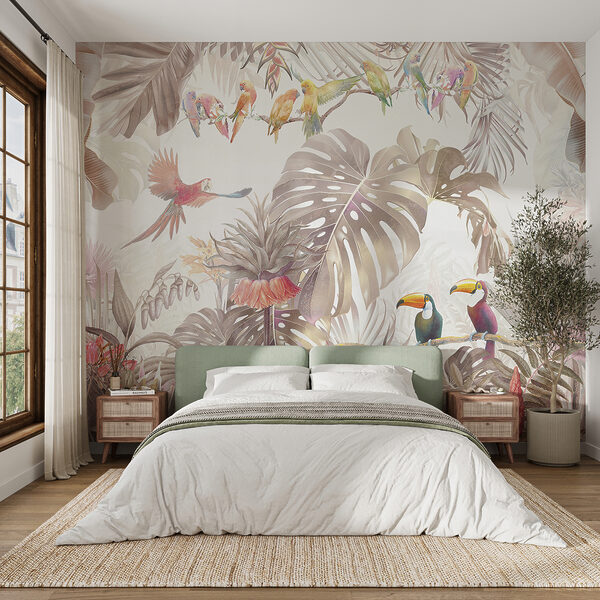 Fototapet Păsări tropicale printre frunzișuri luxuriante (SKU: u74490) Fototapet Fototapet Păsări tropicale printre frunzișuri luxuriante (SKU: u74490)