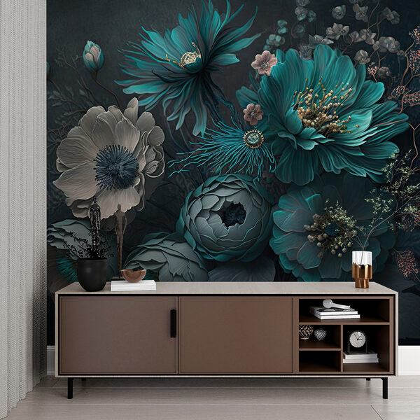 Fototapet Fototapet Eleganță florală în nuanțe liniștitoare de teal (SKU: u75405)